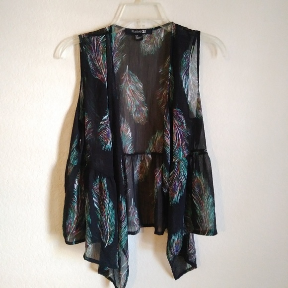 Sheer Boho Vest with Vibrant Feather Pattern S P - Picture 1 of 4
